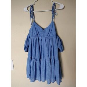 Stitch & Pine Blue Floral Tiered Mini Dress Cold Shoulder Tie Straps S